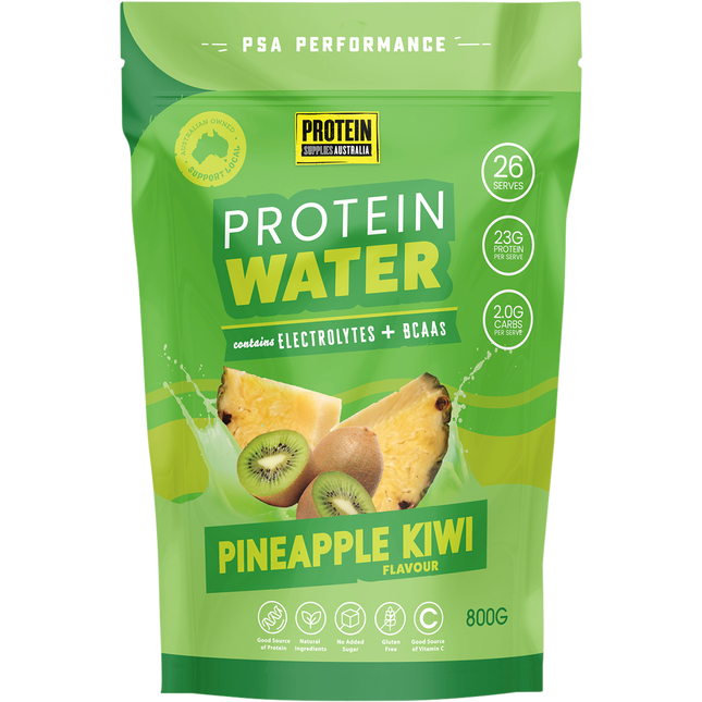 Protein Supplies Australia Protein Water in Pineapple Kiwi flavor, a refreshing low-calorie drink for hydration and daily protein intake.