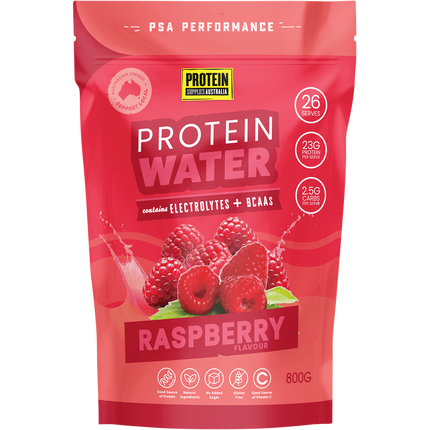 Protein Supplies Australia Protein Water in Raspberry flavor, a refreshing low-calorie drink for hydration and daily protein intake.
