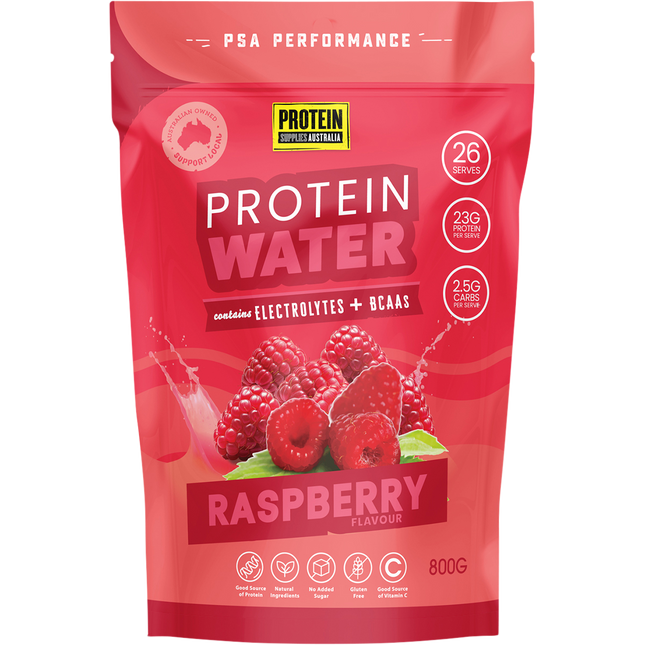 Protein Supplies Australia Protein Water in Raspberry flavor, a refreshing low-calorie drink for hydration and daily protein intake.