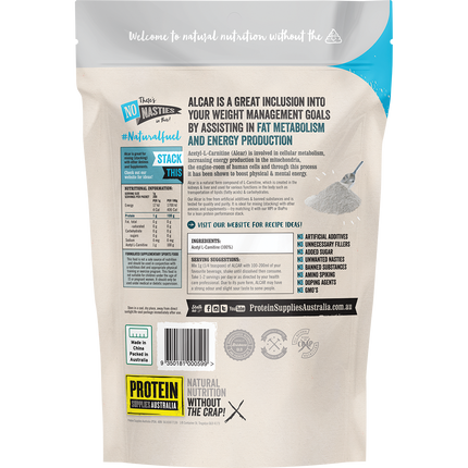 Pure Acetyl L-Carnitine (ALCAR) from Protein Supplies Australia, ideal for cognitive support, energy, and overall wellness.