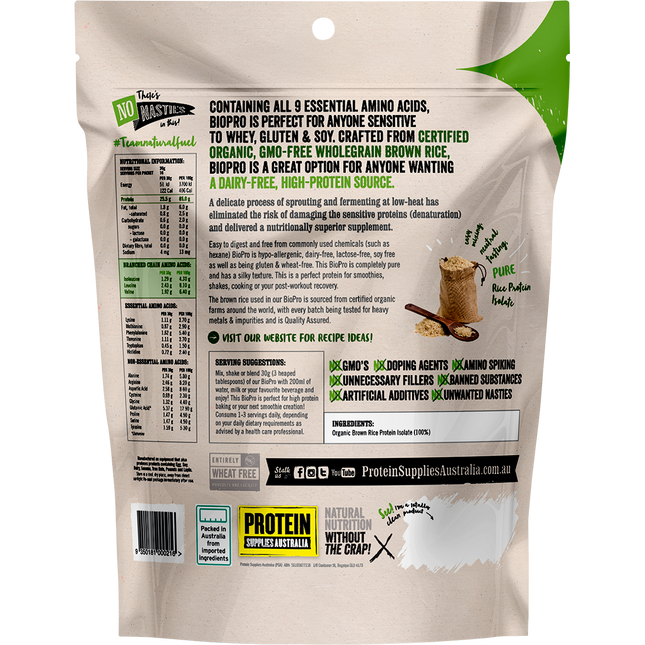 Pure BioPro Sprouted Brown Rice protein from Protein Supplies Australia, ideal for shakes, smoothies, and supporting active and vegan lifestyles.