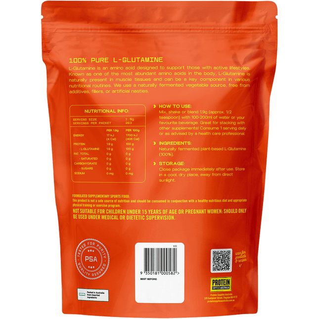 Pure Plant-Based L-Glutamine from Protein Supplies Australia, designed to aid muscle repair, recovery, and overall wellness.