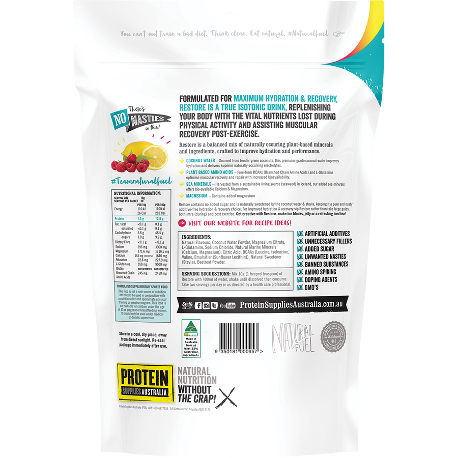 Raspberry Lemonade-flavored Restore Hydration Recovery Drink from Protein Supplies Australia, perfect for hydration, electrolyte balance, and recovery after exercise.