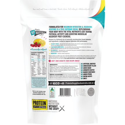Raspberry Lemonade-flavored Restore Hydration Recovery Drink from Protein Supplies Australia, perfect for hydration, electrolyte balance, and recovery after exercise.