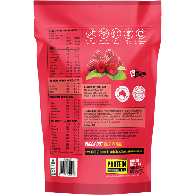 Raspberry-flavored Protein Water from Protein Supplies Australia, perfect for hydration, protein supplementation, and supporting an active lifestyle.