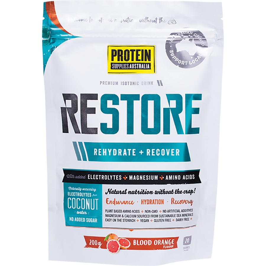 Protein Supplies Australia Restore Hydration Recovery Drink Blood Orange, formulated to replenish electrolytes and support post-workout recovery.