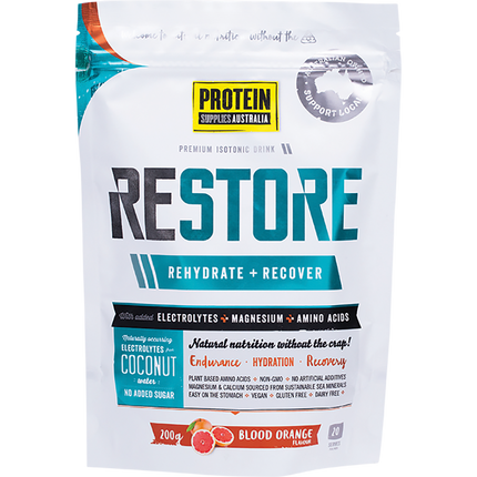 Protein Supplies Australia Restore Hydration Recovery Drink Blood Orange, formulated to replenish electrolytes and support post-workout recovery.