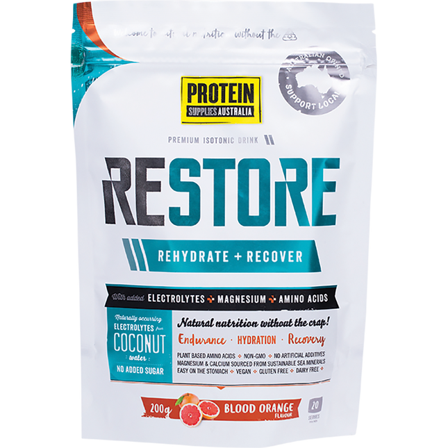 Protein Supplies Australia Restore Hydration Recovery Drink Blood Orange, formulated to replenish electrolytes and support post-workout recovery.