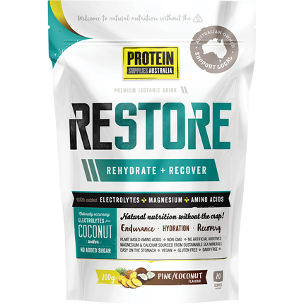 Protein Supplies Australia Restore Hydration Recovery Drink Pine Coconut, designed to replenish electrolytes and support post-workout recovery.