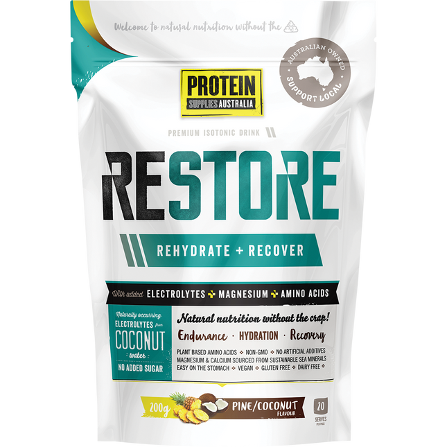 Protein Supplies Australia Restore Hydration Recovery Drink Pine Coconut, designed to replenish electrolytes and support post-workout recovery.