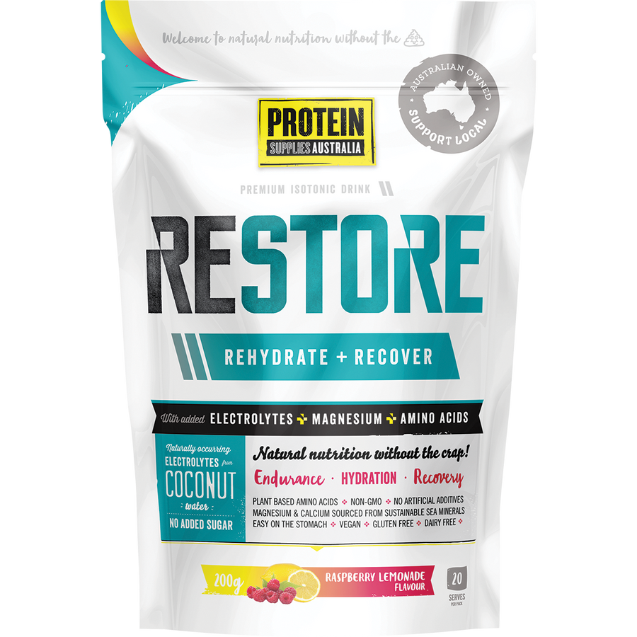 Protein Supplies Australia Restore Hydration Recovery Drink in Raspberry Lemonade flavor, designed to replenish electrolytes and support post-workout recovery.