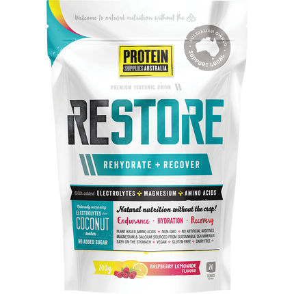 Protein Supplies Australia Restore Hydration Recovery Drink in Raspberry Lemonade flavor, designed to replenish electrolytes and support post-workout recovery.