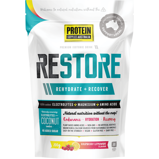 Protein Supplies Australia Restore Hydration Recovery Drink in Raspberry Lemonade flavor, designed to replenish electrolytes and support post-workout recovery.