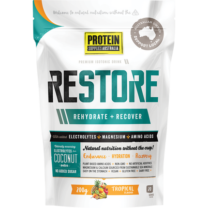 Protein Supplies Australia Restore Hydration Recovery Drink Tropical, designed to replenish electrolytes and support post-workout recovery.