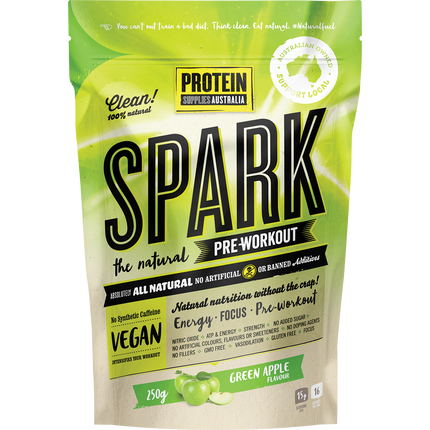 Protein Supplies Australia Spark All Natural Pre-workout in Green Apple flavor, designed to boost energy, focus, and workout performance.