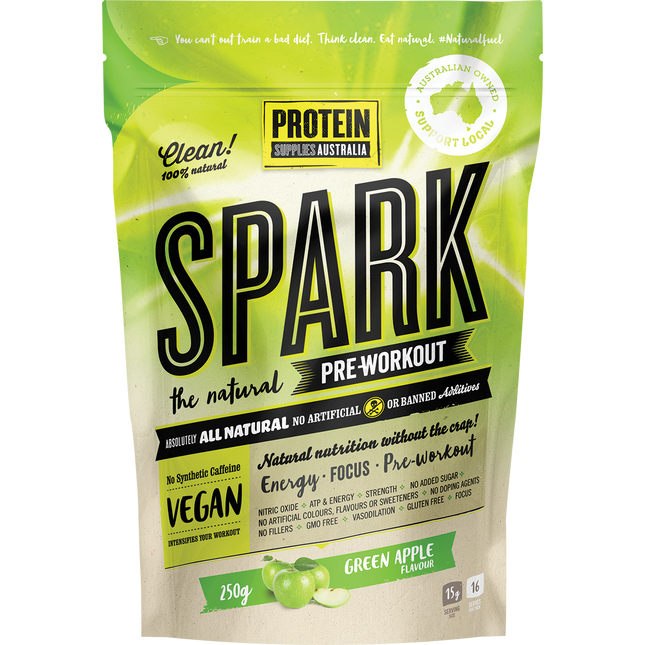 Protein Supplies Australia Spark All Natural Pre-workout in Green Apple flavor, designed to boost energy, focus, and workout performance.