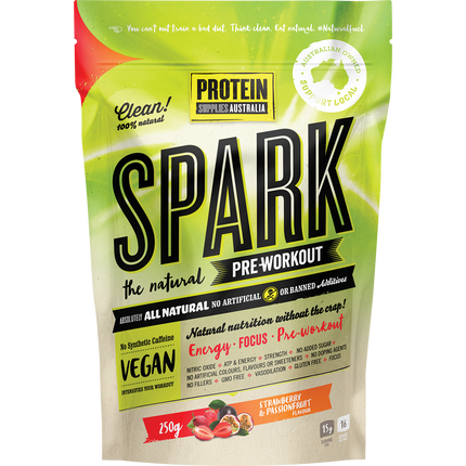 Protein Supplies Australia Spark Natural Pre-workout in Strawberry Passionfruit flavor, formulated to boost energy, focus, and workout performance.