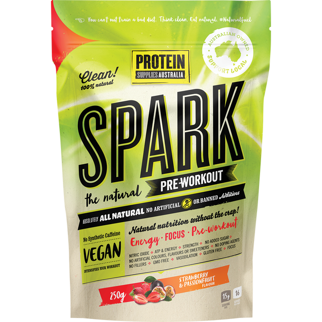 Protein Supplies Australia Spark Natural Pre-workout in Strawberry Passionfruit flavor, formulated to boost energy, focus, and workout performance.