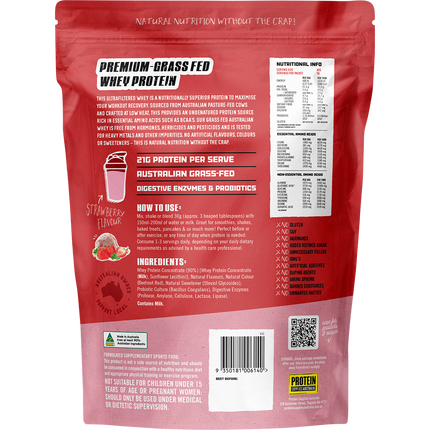 Strawberry-flavored Australian Whey Protein from Protein Supplies Australia, perfect for shakes, smoothies, and an active lifestyle.