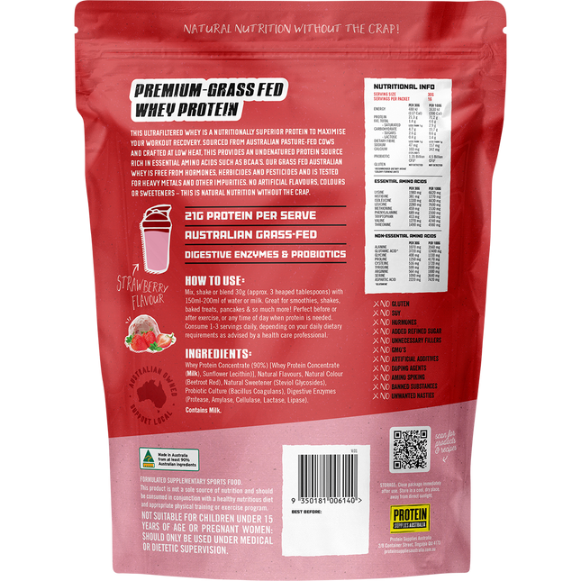 Strawberry-flavored Australian Whey Protein from Protein Supplies Australia, perfect for shakes, smoothies, and an active lifestyle.
