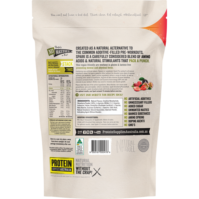 Strawberry Passionfruit-flavored Spark Natural Pre-workout from Protein Supplies Australia, ideal for enhancing endurance, energy, and exercise performance.