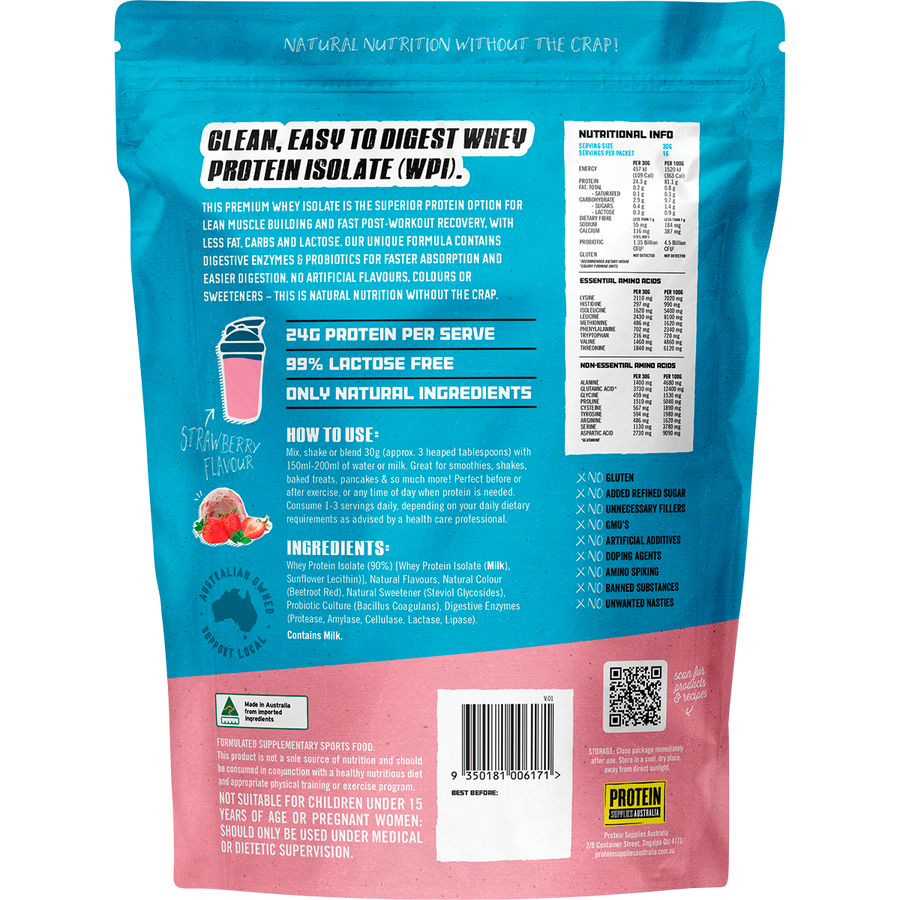 Strawberry-flavored WPI Whey Protein Isolate from Protein Supplies Australia, perfect for shakes, smoothies, and supporting an active lifestyle.