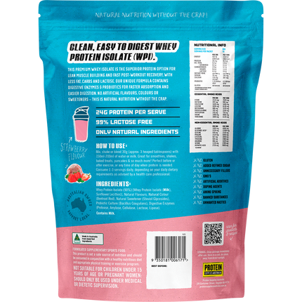 Strawberry-flavored WPI Whey Protein Isolate from Protein Supplies Australia, perfect for shakes, smoothies, and supporting an active lifestyle.
