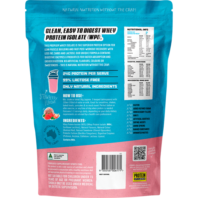 Strawberry-flavored WPI Whey Protein Isolate from Protein Supplies Australia, perfect for shakes, smoothies, and supporting an active lifestyle.