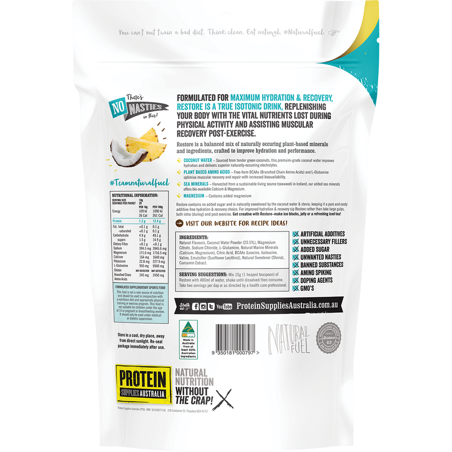 Tropical-flavored Restore Hydration Recovery Drink from Protein Supplies Australia, ideal for rehydration, recovery, and electrolyte balance after exercise.
