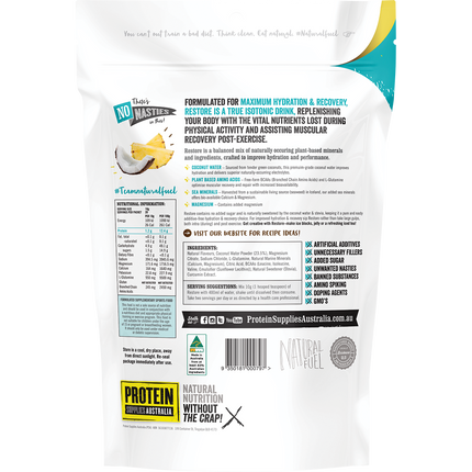Tropical-flavored Restore Hydration Recovery Drink from Protein Supplies Australia, ideal for rehydration, recovery, and electrolyte balance after exercise.