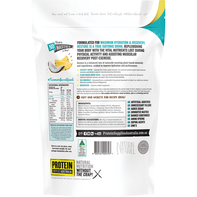 Tropical-flavored Restore Hydration Recovery Drink from Protein Supplies Australia, ideal for rehydration, recovery, and electrolyte balance after exercise.