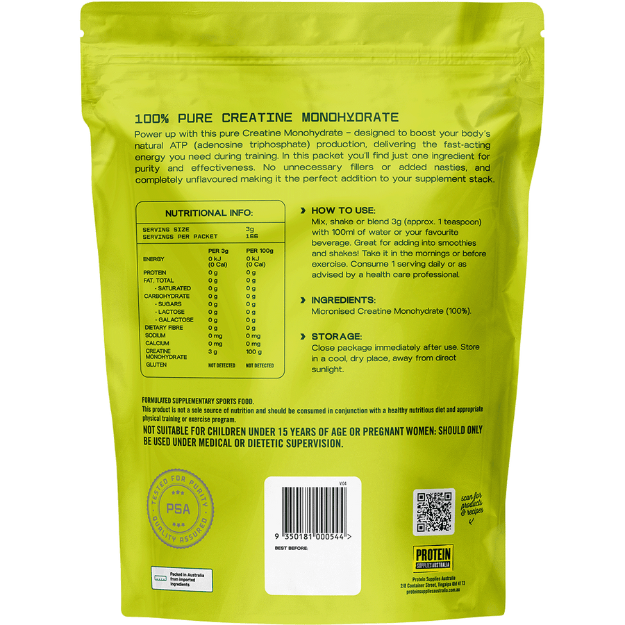 Unflavoured Creatine Monohydrate from Protein Supplies Australia, ideal for enhancing exercise performance, muscle growth, and fitness goals.