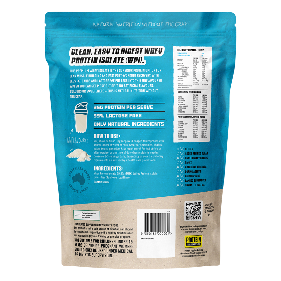 Unflavoured WPI Whey Protein Isolate from Protein Supplies Australia, perfect for shakes, smoothies, and supporting active lifestyles.