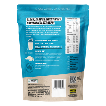 Unflavoured WPI Whey Protein Isolate from Protein Supplies Australia, perfect for shakes, smoothies, and supporting active lifestyles.