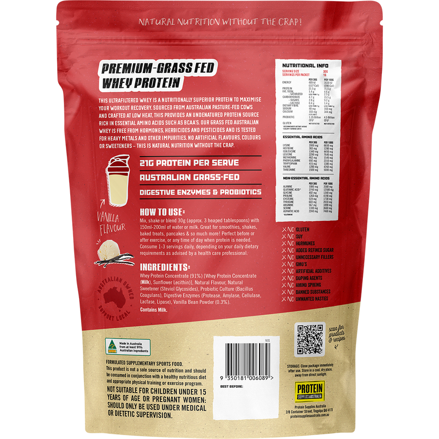 Vanilla-flavored Australian Whey Protein from Protein Supplies Australia, perfect for shakes, smoothies, and supporting an active lifestyle.