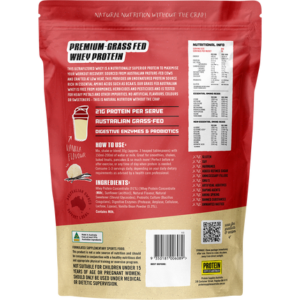 Vanilla-flavored Australian Whey Protein from Protein Supplies Australia, perfect for shakes, smoothies, and supporting an active lifestyle.