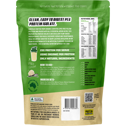 Vanilla-flavored Pea Protein Isolate from Protein Supplies Australia, perfect for shakes, smoothies, and supporting an active lifestyle.