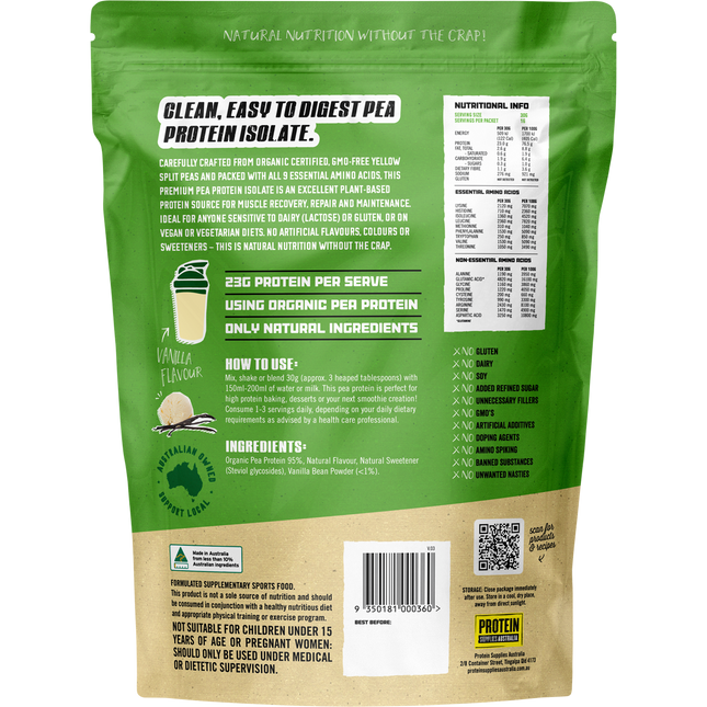 Vanilla-flavored Pea Protein Isolate from Protein Supplies Australia, perfect for shakes, smoothies, and supporting an active lifestyle.