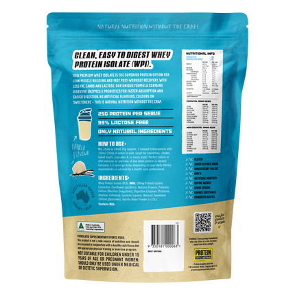 Vanilla-flavored WPI Whey Protein Isolate from Protein Supplies Australia, ideal for shakes, smoothies, and supporting an active lifestyle.
