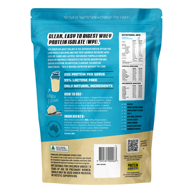 Vanilla-flavored WPI Whey Protein Isolate from Protein Supplies Australia, ideal for shakes, smoothies, and supporting an active lifestyle.
