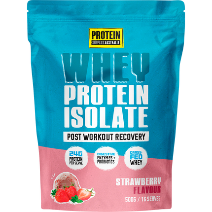 Protein Supplies Australia WPI Whey Protein Isolate in Strawberry flavor, ideal for muscle growth, recovery, and fitness nutrition.