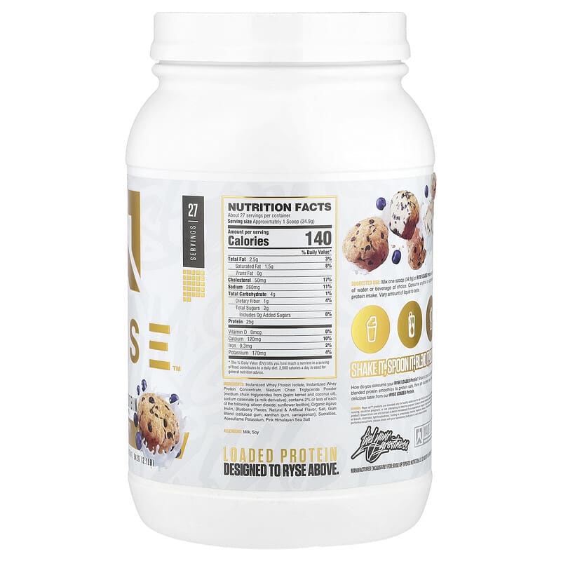 Protein powder container with label on a white background