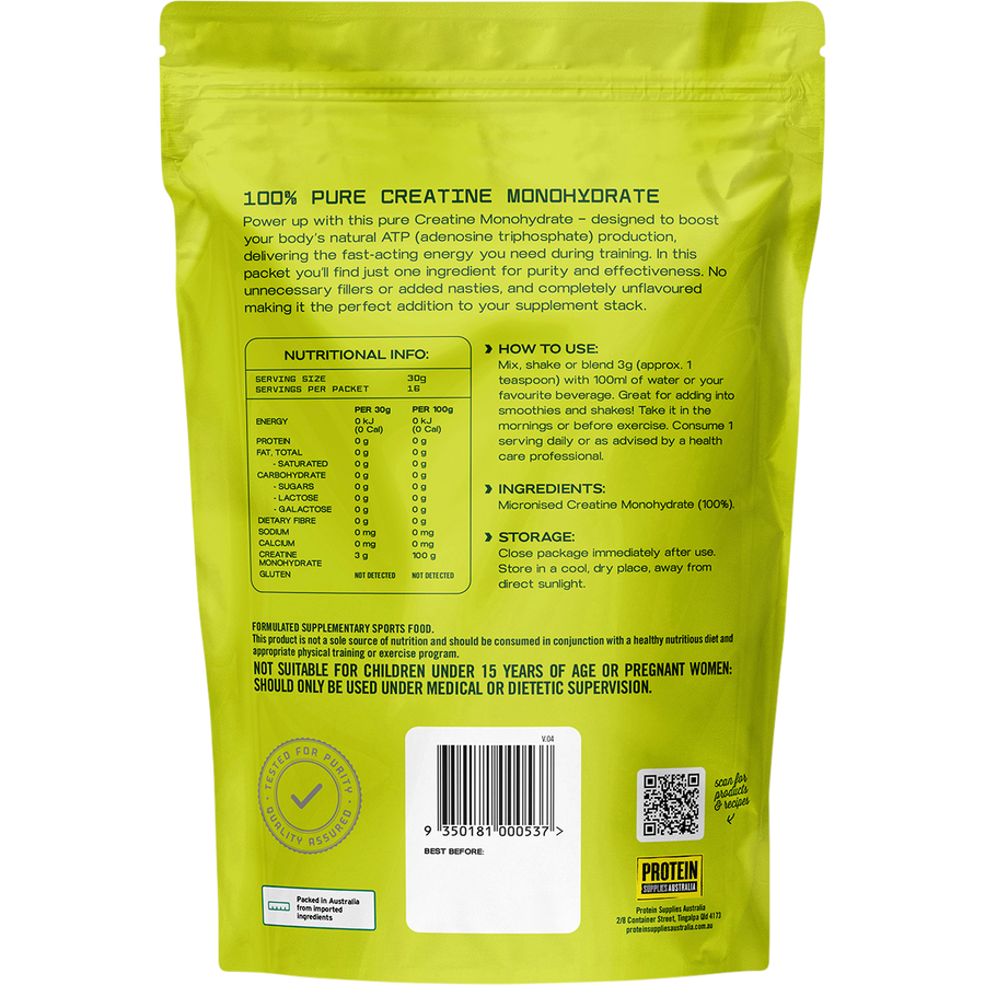 Pure creatine monohydrate from Protein Supplies Australia, ideal for enhancing workout performance, muscle growth, and endurance.