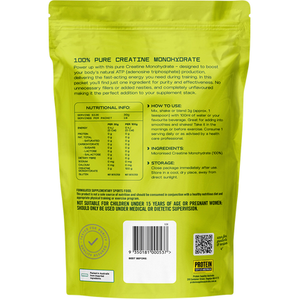 Pure creatine monohydrate from Protein Supplies Australia, ideal for enhancing workout performance, muscle growth, and endurance.