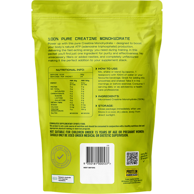 Pure creatine monohydrate from Protein Supplies Australia, ideal for enhancing workout performance, muscle growth, and endurance.