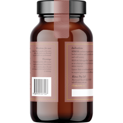 Ritua Stress saffron ashwagandha lemon balm reishi capsules back label