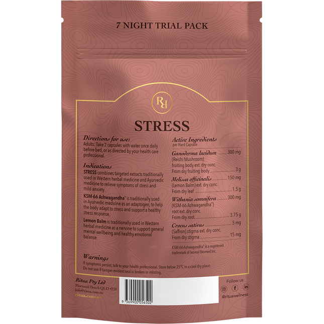 Ritua STRESS 7 Day Saffron Ashwagandha LemonBalm Reishi 14 Caps
