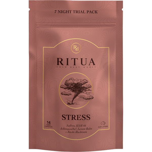 Ritua STRESS 7 Day saffron ashwagandha lemon balm reishi 14 capsule pack front