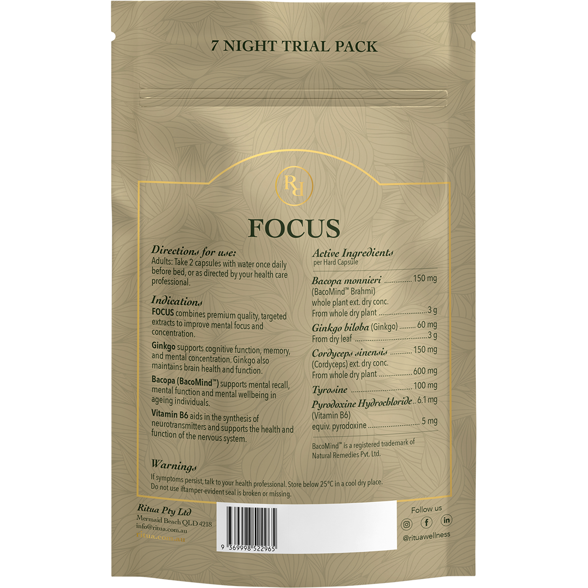 FOCUS Trial Pack BacoMind Ginko Cordyceps Tyrosine B6