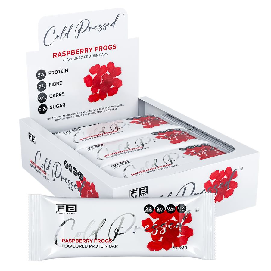 Box of Fibre Boost Raspberry Frogs protein bars with red and white design on a white background